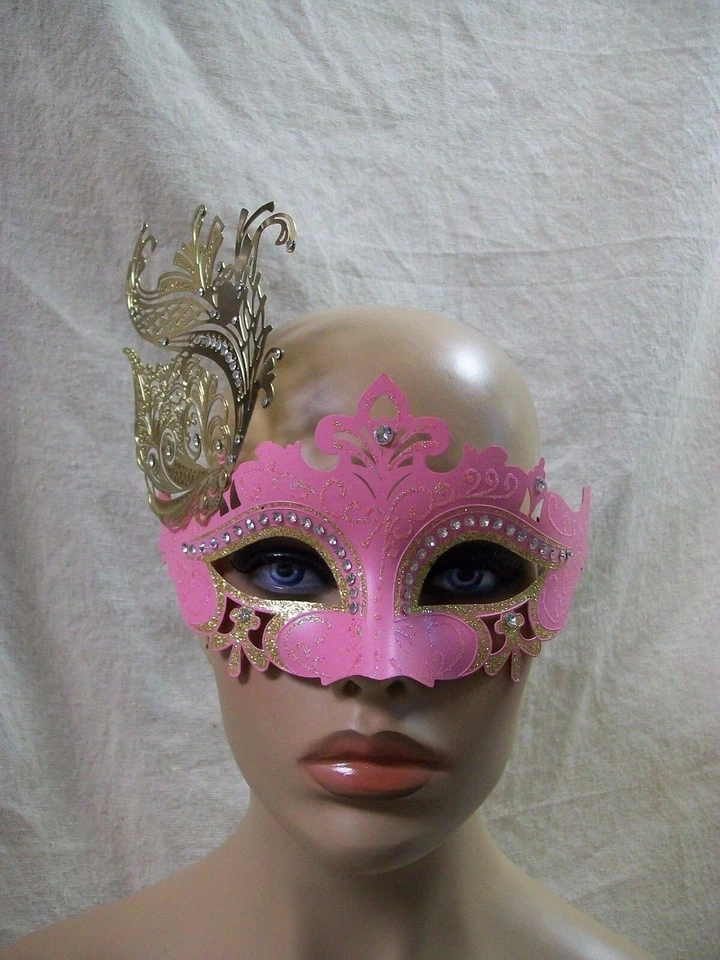 Fancy Pink Eye Mask Gold Metal Feather Filigree Swan Renaissance Masquerade Ball - Image 2 of 4