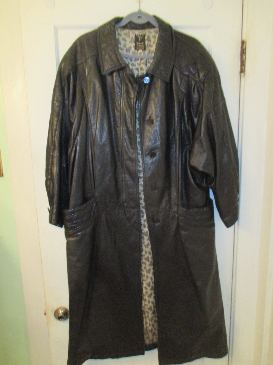Vtg John F. Firenze Leather Trench Coat BLACK Italy 1970s