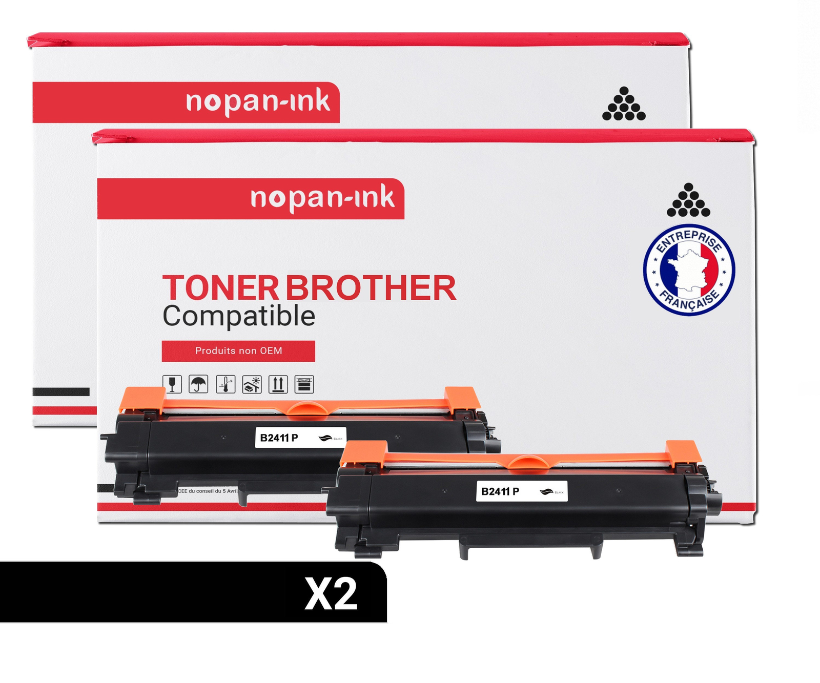 Toner TN2411 Noir NOPAN-INK Compatible pour Imprimante Brother - Pack de 2