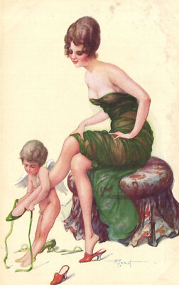 PC ARTIST SIGNED, A. PENOT, RISQUE, GLAMOUR LADY, AMOR, Vintage Postcard(b50581)