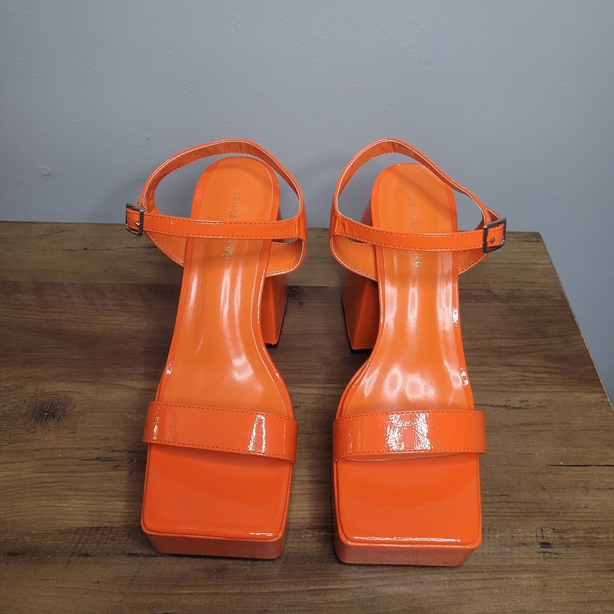 AZALEA WANG Patent Orange Heels Chunky Platform Womens Sz