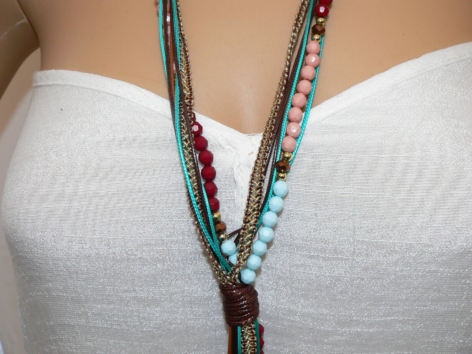 Y-Kette Halskette lange Pulloverkette Bänder Quaste Perlen Anhänger Blau 269v