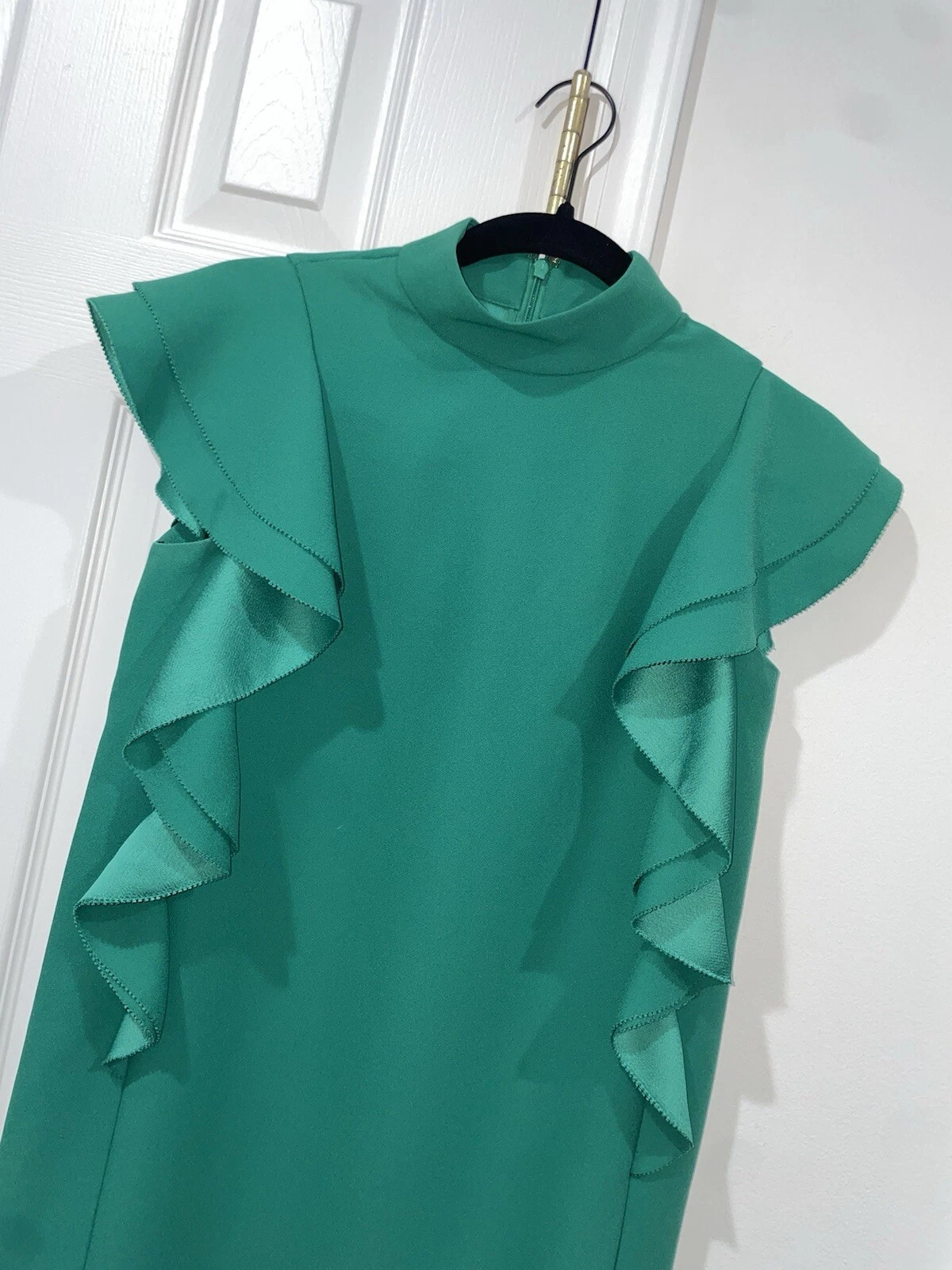 Abito a tubino Kate Spade verde smeraldo raso crepe manica svasata taglia 00 $398