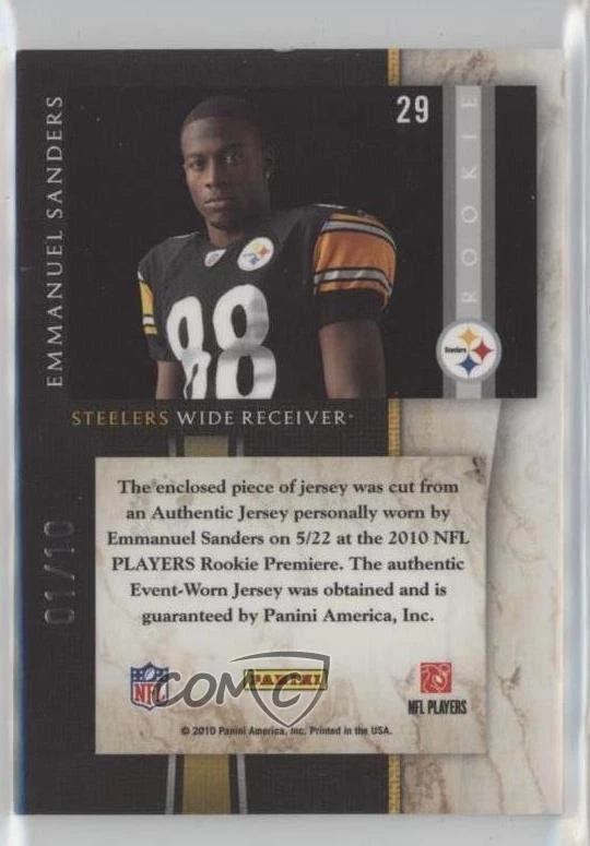 2010 Panini Limited Rookie Jumbo Materials Prime /10 Emmanuel Sanders #29 RC - Image 2 of 2
