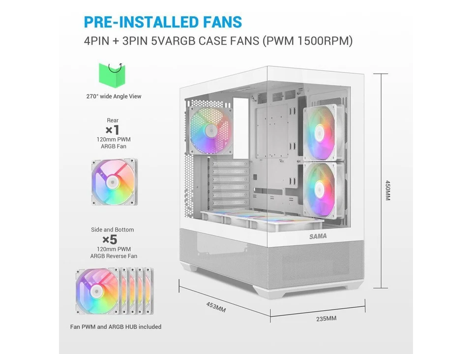 SAMA V40 White ATX Mid Tower PC Case, 6 Pre-Installed 120mm ARGB PWM Fans, Dual - Image 2 of 4