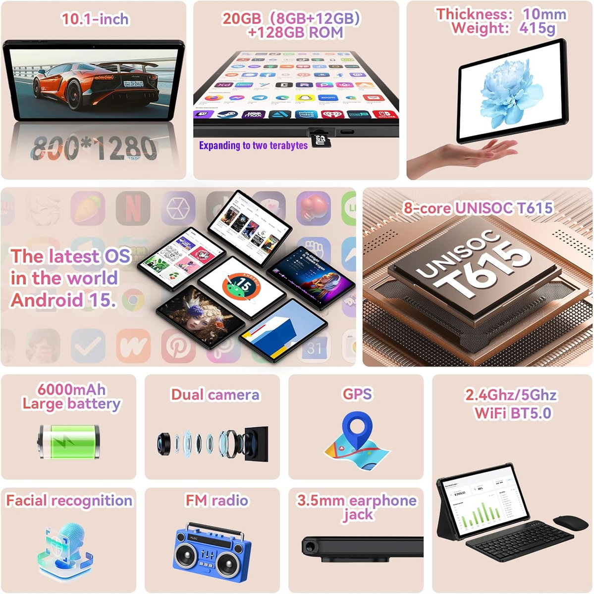 Lpad2S Android 15 Tablet 10 Inch,20Gb (8+12GB Expanded) RAM 128GB