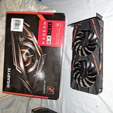 GIGABYTE 8G GRAPHICS CARD BY RADEON. 2 FANS 4 DISPLAY PORTS