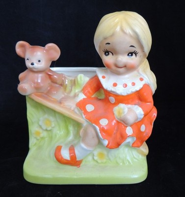 CUTE VINTAGE 5.25 INCH GIRL FIGURINE PLANTERS  ON A SEESAW WITH TEDDY ~ E3984