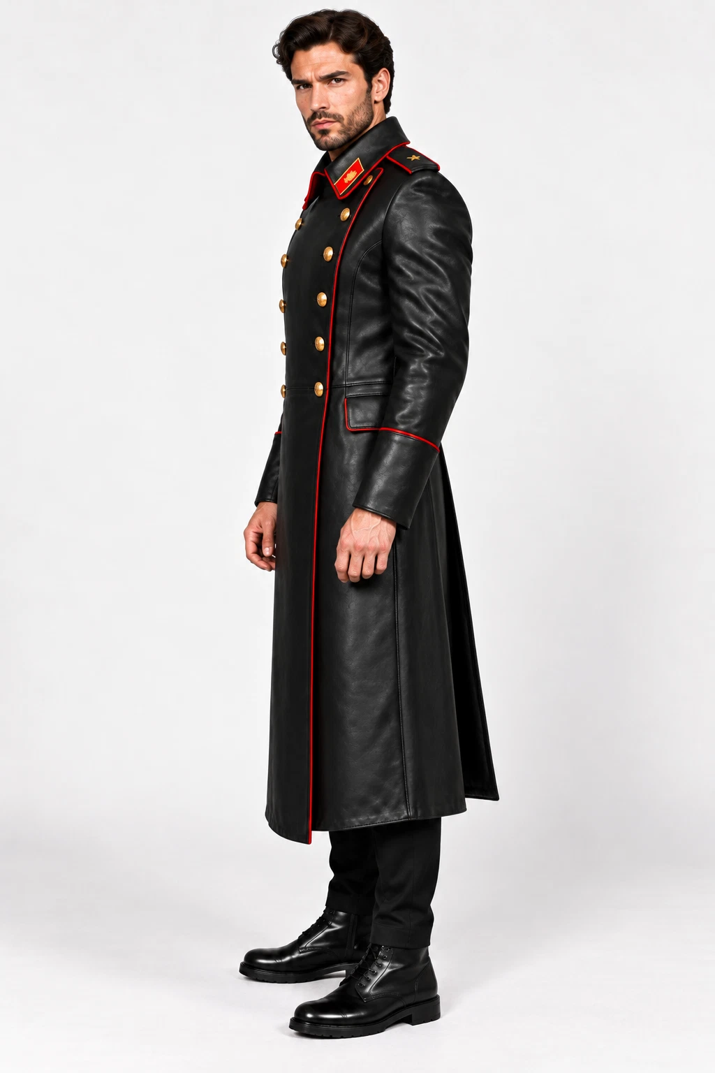 Soviet Military Overcoat Russian Army Black long Winter Warm Leather Overcoat image 7