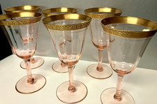 Vtg. Tiffin-Franciscan - Set 6 Pink Rambler Rose - Gold Encrusted Water Goblets