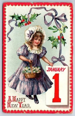 Happy New Year Girl in Purple- 1911 Tuck Embossed Postcard- Unsigned Brundage?