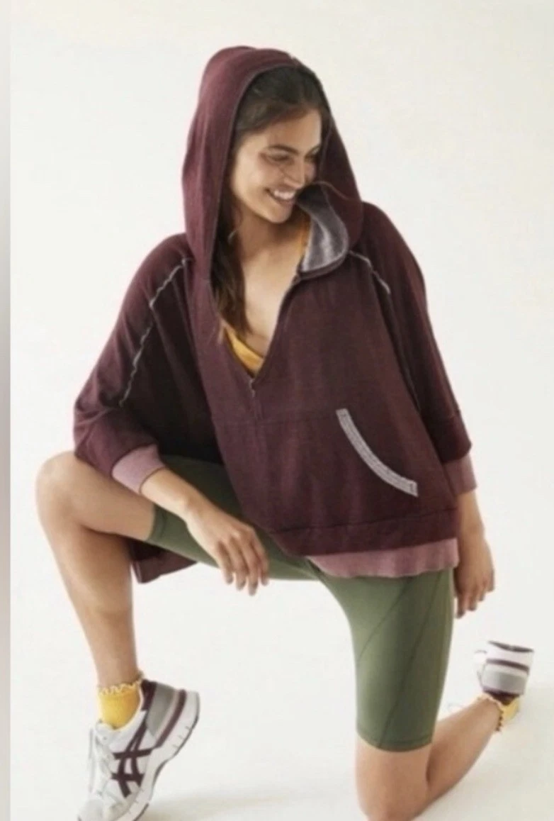 Free People FP Movement Bonfire Hoodie in Fig Jam Maroon Oversized Poncho Size S