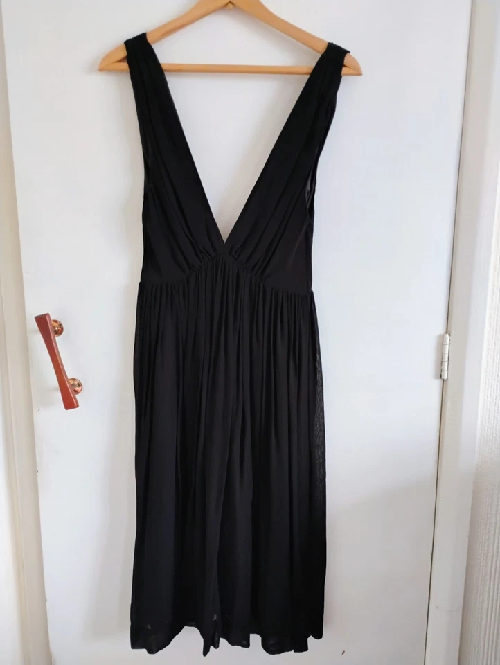 Chic Kate Moss Topshop Pequeño Vestido Negro UK10 Georgette V Cuello Profundo y Espalda Foto 2 de 4
