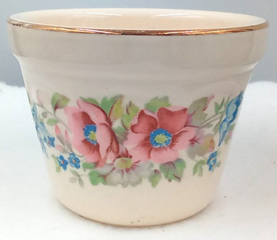 Universal Cambridge Custard Bowl Cup Dish Floral Gold Trim Pink Blue Vintage USA