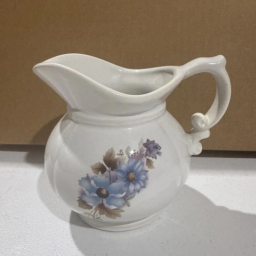 Vintage McCoy Pottery 7528 Pitcher 5.5” USA White Blue Flower Creamer Jug