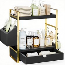 2-Tier Wooden Bathroom Counter Organizer Vanity Shelf Storage Drawer Basket