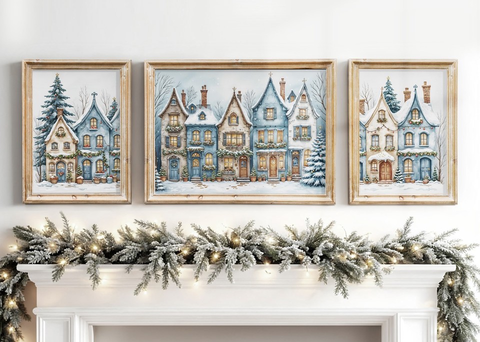 Rustic Vintage Christmas Print Set of 3 Village Scene Christmas Decor ...