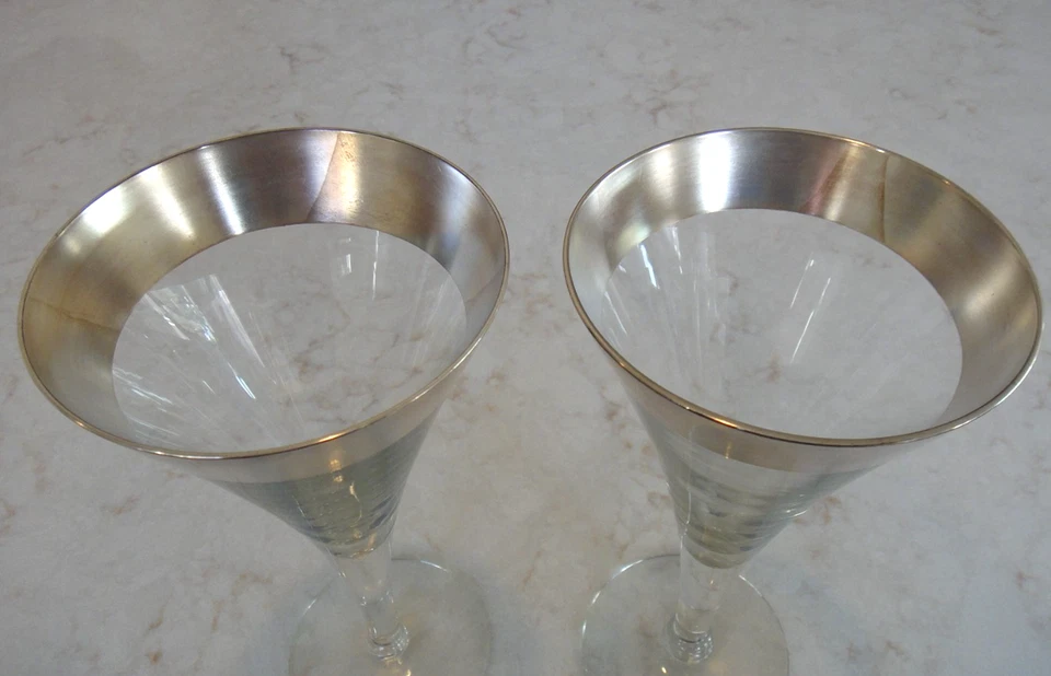 2- Vasos Martini MCM Dorothy Thorpe Platino Borde Plateado 7.25" Mediados de Siglo De Colección Foto 2 de 2