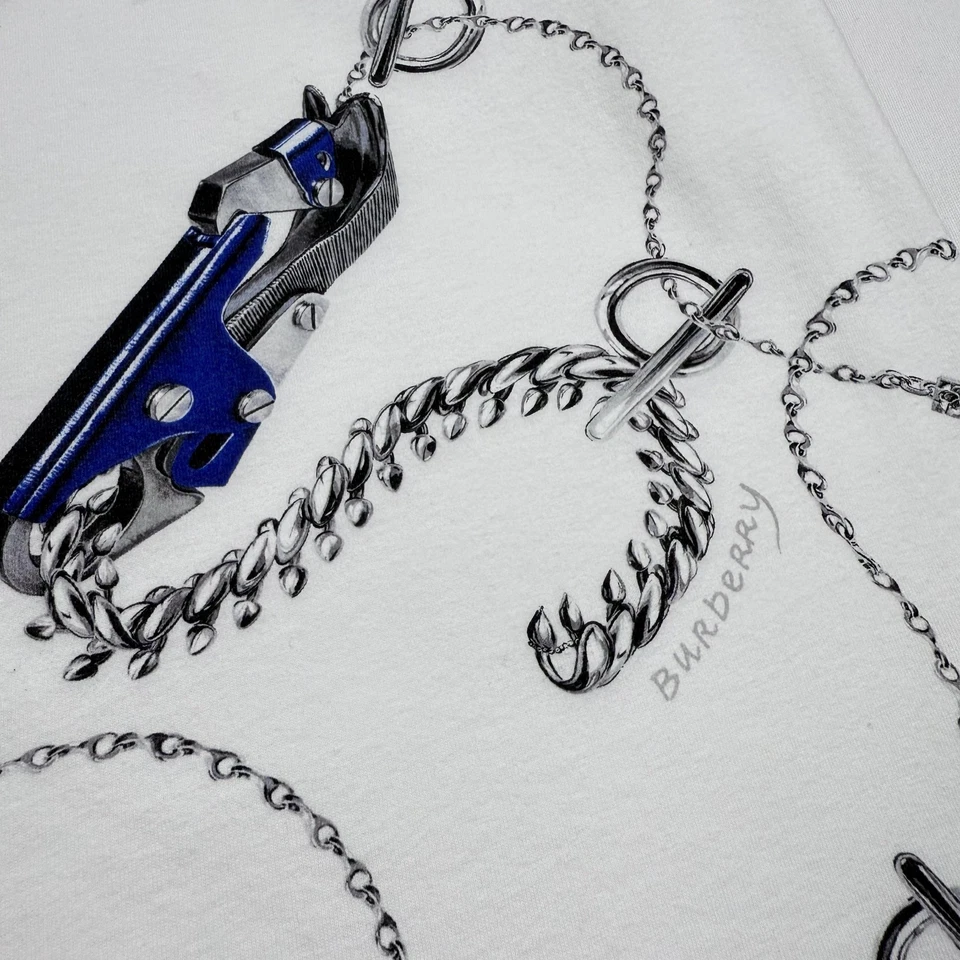 博柏利 T 恤男式 XL 码白色链刀图案印花 T 恤 — 第 2/4 张图片