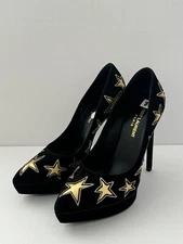 Saint Laurent Gold and Black Star Janis Suede Pump Heels Size 8.5 Charity DS69