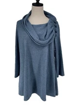 Ali Miles Heather Blue Drawstring Cowl Neck Sweater 3/4 Sleeve Tunic L Boho