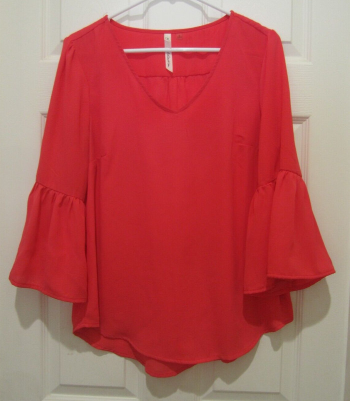NY Collection Women's Bell Sleeve Coral Orange-Red Blouse/Top Size M