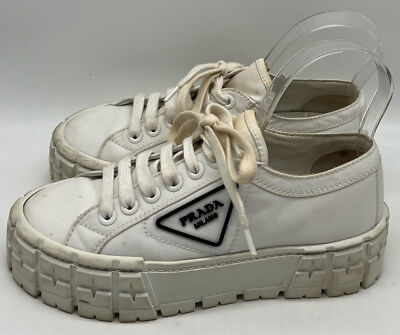 Prada White Double Wheel Flatform Logo-Enamel Lace-Up Sneaker sz
