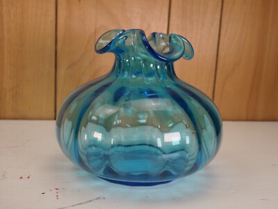 1940s Azure Blue Beacon Hofbauer Blown Optic Glass Onion/Squat Vase