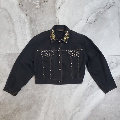 Vintage Bonnie Denim Jacket Rhinestones Black Made In USA Large?