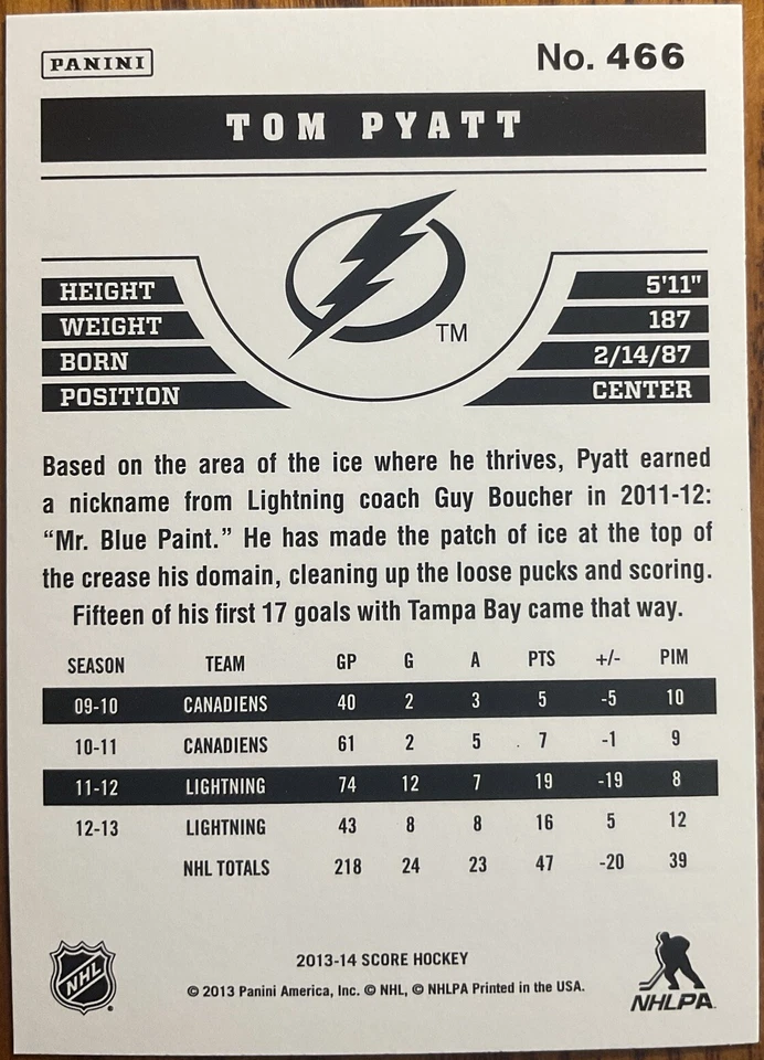 2013-14 Score Gold Tom Pyatt #466 Tampa Bay Lightning - Image 2 of 2