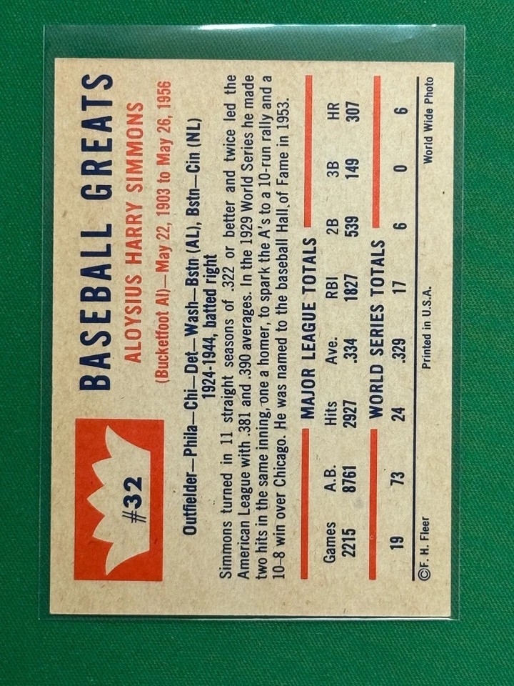 1960 Fleer бейсбол Greats #32 Эл Симмонс - Изображение 2 из 2