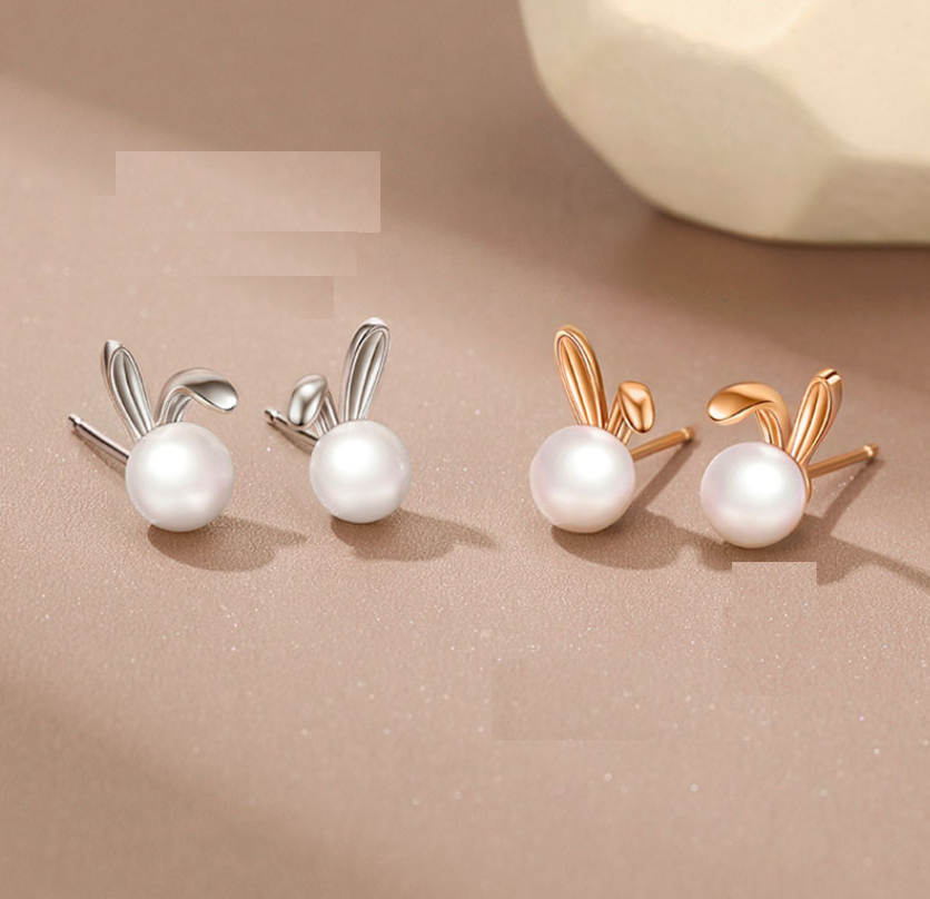 925 Sterling Silver Shell Pearl Bunny Stud Post Earrings Gift Box I32