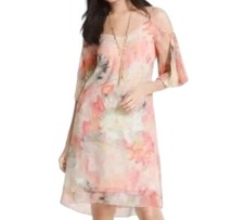 WHBM Chiffon Dress Size 10 Floral Cold Shoulder Accordion Sleeves Lightweight