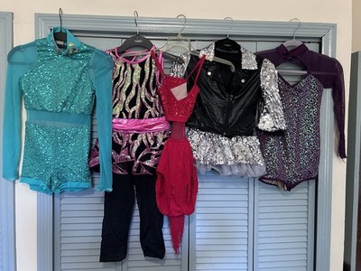 5 COMPETITION JAZZ/TAP DANCE COSTUMES Lot MEDIUM CHILD sequin tulle faux leather