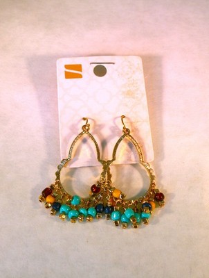 Gold tone blue, red, yellow bead fringe arabesque dangle earrings Stony 2 ''