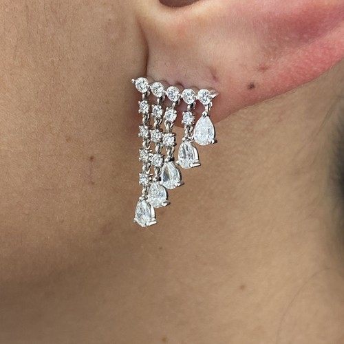 Diamond Earrings Round & Pear 2.29 Ct E-F VS1 Lab Created 14k White Gold - Picture 4 of 7