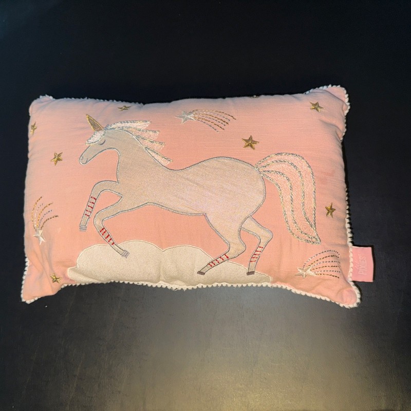 Lil Pixies Unicorn Embroidered Throw Pillow Pink & Gray Shooting Stars 19 x 12”