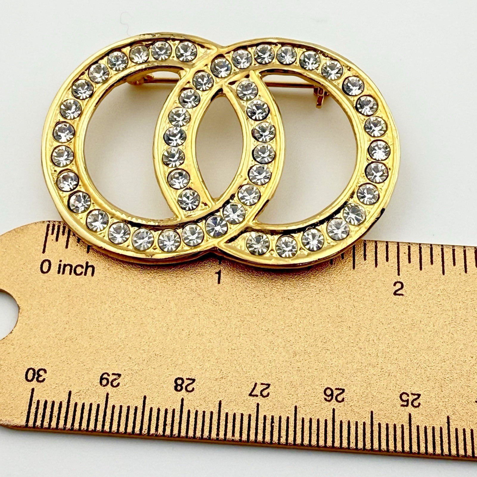Rhinestone Infinity Link Double Circle Brooch Gol… - image 3