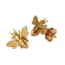 Gold Bee Stud Earrings - Handcrafted 14K Gold Plated Bumblebee Posts, Hypoall...