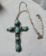 Vintage Pawn Silver Turquoise Native American Cross Pendant Necklace