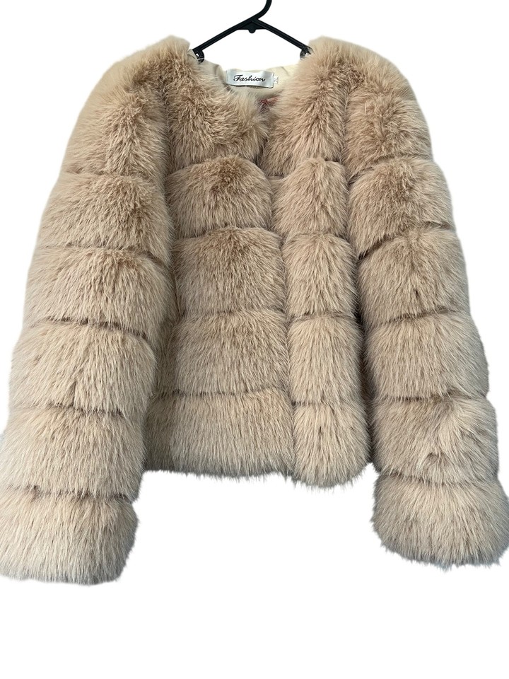 Women's Beige Faux Fur Shaggy Tiered Jacket