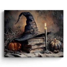 Halloween Canvas Wall Prints Witch Hat Spooky Pumpkin Oil Painting Poster