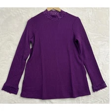 NWT LOGO Lori Goldstein Top Womens XS Lace Trim Long Sleeve Waffle Knit