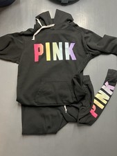 SIZE LARGE VICTORIA SECRET PINK BLACK HOODIE PULLOVER JOGGING SUIT