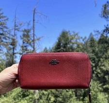COACH Long Zip-Around Wallet Pebble Leather RED with Silver Hardware AUTHENTIC