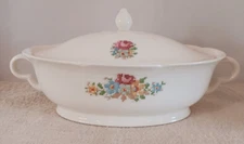 Vintage Porcelain Oval Covered Dish w/Handles Floral Needlepoint Design