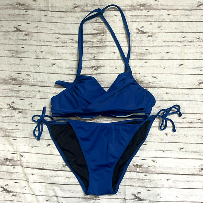 Victoria's Secret The Wrap Halter 34A Teeny Bikini Bottom String Sz M Blue 2 PC