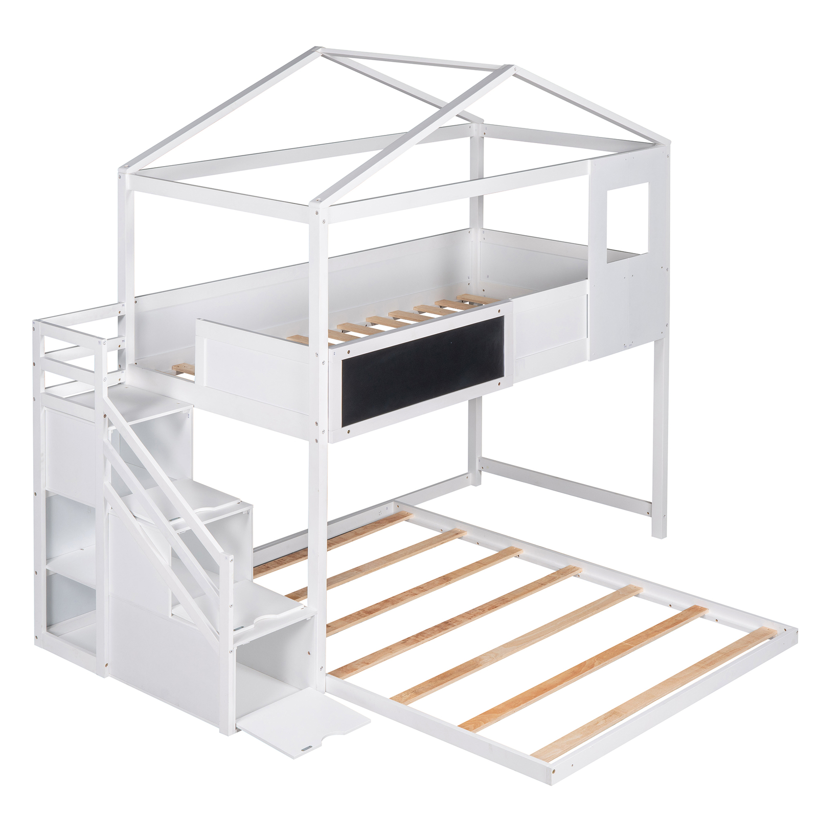 Twin over Full House Bunk Bed Wood Bed with Storage Staircase and ...