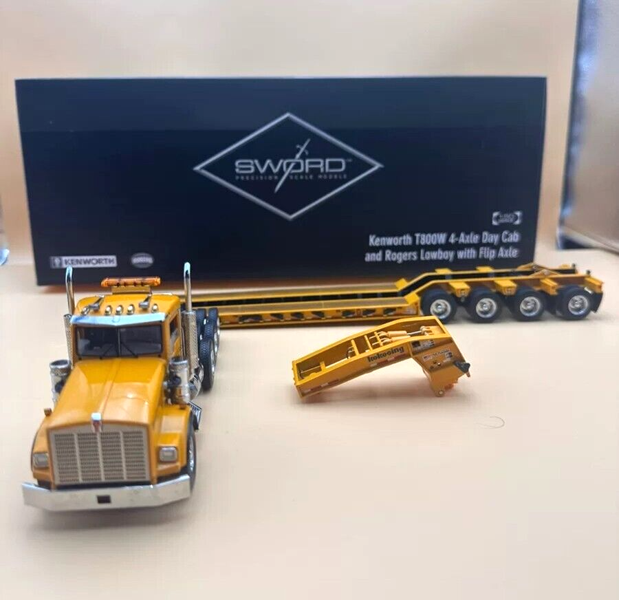 Sword 1:50 Kenworth T800W Rogers 4-Axle Flip Lowboy Yellow #SW3102