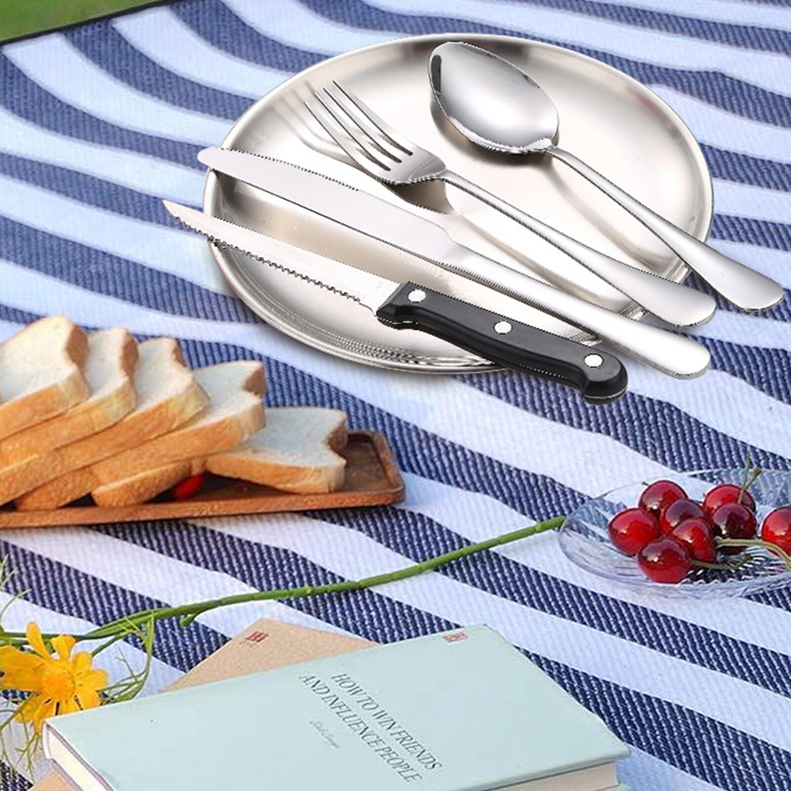 2/4 Person Picnic Plates Knives Forks Cutlery Set in Bag Outdoor